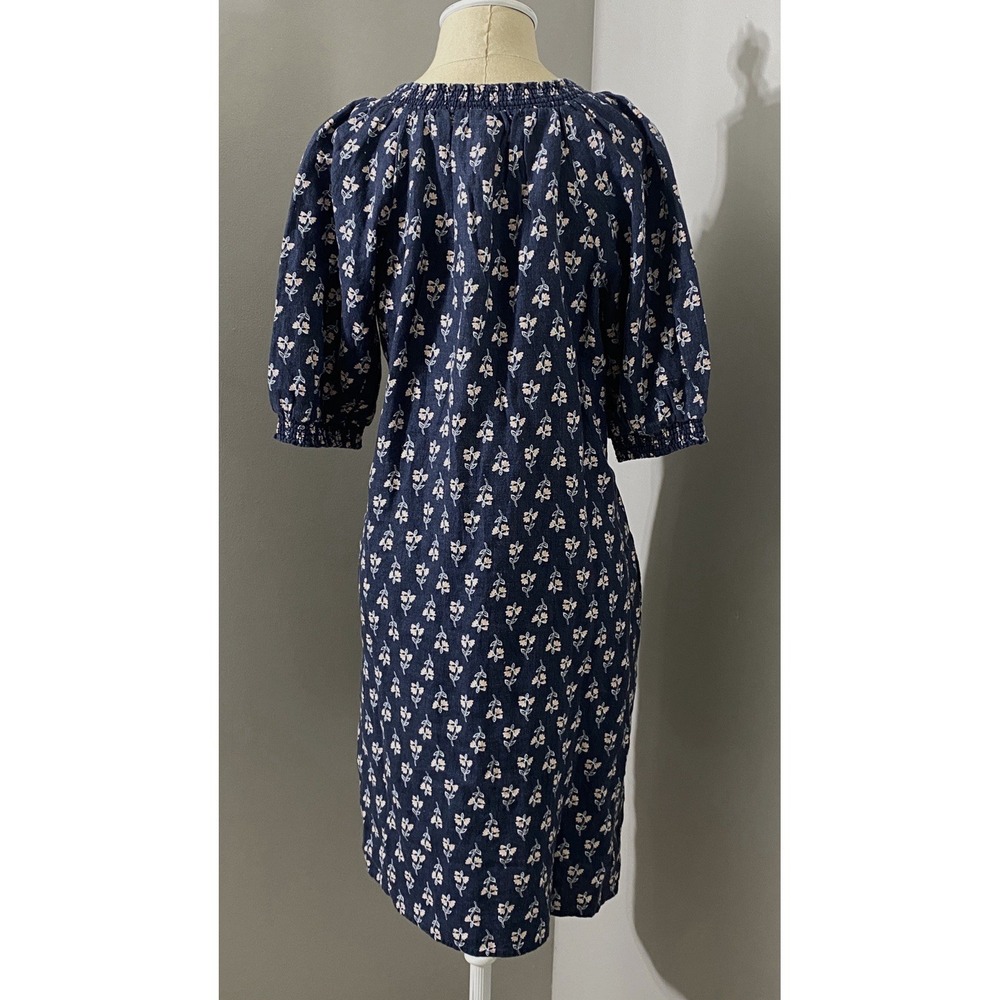 NWT Garnet‎ Hill Women's 100% Linen Floral Shift Dress Size 10 Navy Puff Sleeve - Picture 3 of 9